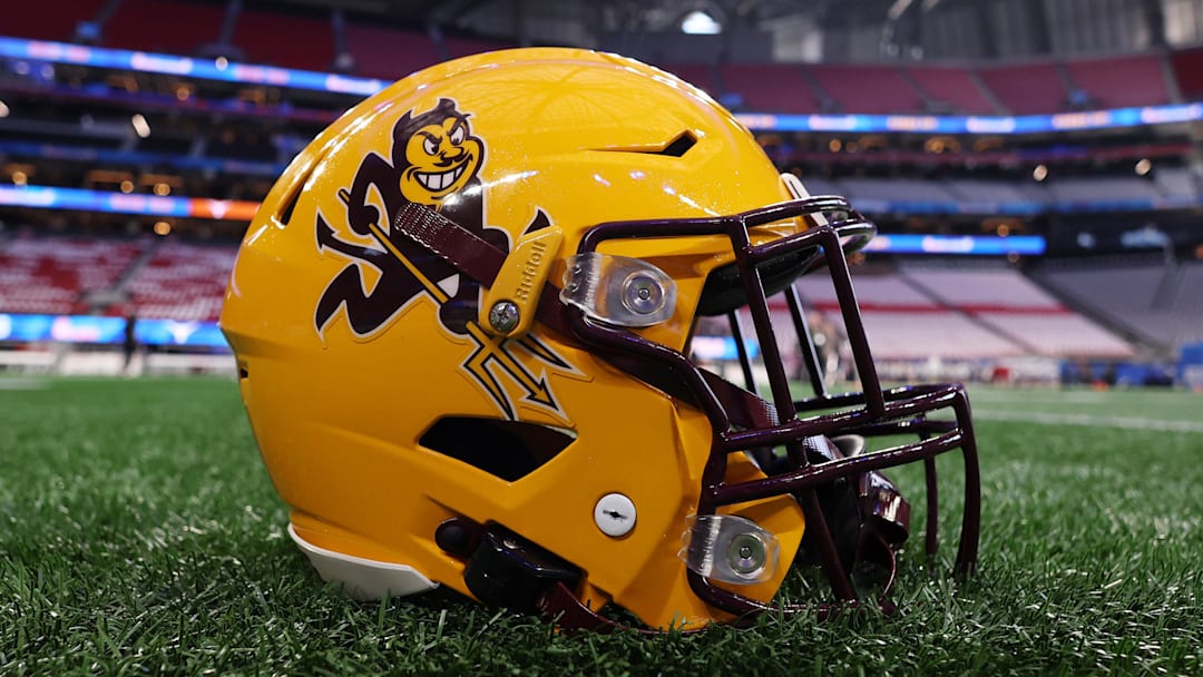 Jan 1, 2025; Atlanta, GA, USA; A detail view of an Arizona State Sun Devils helmet before the Peach Bowl at Mercedes-Benz Stadium. Mandatory Credit: Brett Davis-Imagn Images