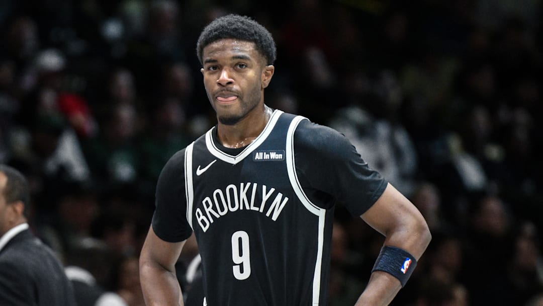 Apr 7, 2026; Brooklyn, New York, USA; Brooklyn Nets forward E.J. Liddell (9) looks on during the first half against the Milwaukee Bucks at Barclays Center. Mandatory Credit: John Jones-Imagn Images