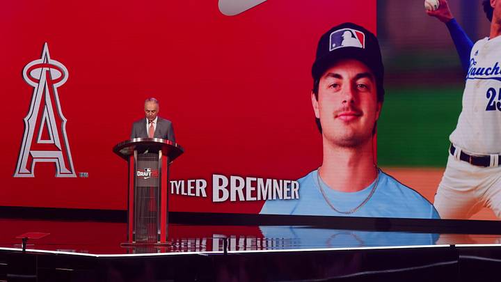Jul 13, 2025; Atlanta, GA, USA; Tyler Bremner is drafted by the Los Angeles Angels with the second pick during the first round of the MLB Draft at The Coca-Cola Roxy. Mandatory Credit: Brett Davis-Imagn Images