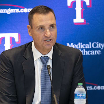 Texas Rangers general manager Chris Young speaks during a news conference introducing Bruce Bochy as team manager at Globe Life Field in 2022.