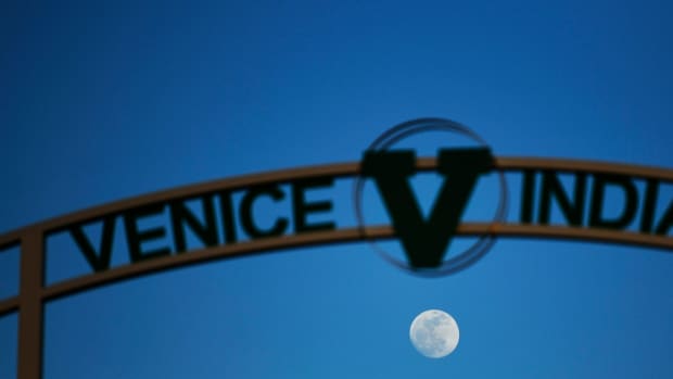 Not quite a full moon rises over the Venice football field. Spring football was back as Venice hosted the Naples Golden Eagle