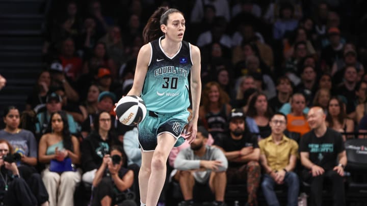 Jun 2, 2024; Brooklyn, New York, USA;  New York Liberty forward Breanna Stewart (30) brings the ball up court in the third quarter against the Indiana Fever at Barclays Center. Mandatory Credit: Wendell Cruz-USA TODAY Sports