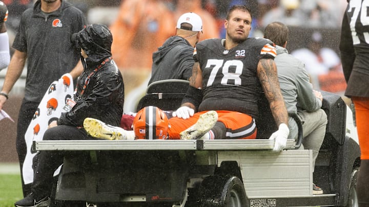 Sep 10, 2023; Cleveland, Ohio, USA; Cleveland Browns offensive tackle Jack Conklin (78) rides the medical cart back to the locker room following an injury during the first half at Cleveland Browns Stadium. Mandatory Credit: Scott Galvin-Imagn Images