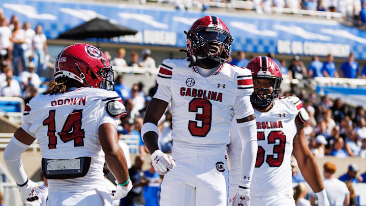 Sep 7, 2024; Lexington, Kentucky, USA; South Carolina Gamecocks wide receiver Mazeo Bennett Jr. (3) celebrates after scoring a touchdown during the first quarter against the Kentucky Wildcats at Kroger Field. Mandatory Credit: Jordan Prather-Imagn Images