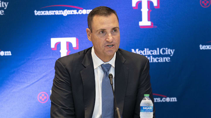 Texas Rangers general manager Chris Young speaks during a news conference introducing Bruce Bochy as team manager at Globe Life Field in 2022.