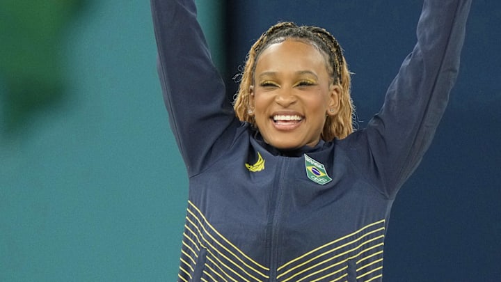 Rebeca Andrade of Brazil celebrates her silver medal in the womenís gymnastics all-around during the Paris 2024 Olympic Summer Games.