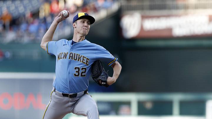 May 1, 2026; Washington, District of Columbia, USA; Milwaukee Brewers pitcher Jacob Misiorowski (32) pitches against the Washington Nationals during the first inning at Nationals Park. Mandatory Credit: Geoff Burke-Imagn Images