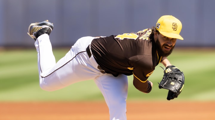 Mar 11, 2025; Peoria, Arizona, USA; San Diego Padres pitcher Dylan Cease against the Chicago White Sox during a spring training game at Peoria Sports Complex. Mandatory Credit: Mark J. Rebilas-Imagn Images Mar 11, 2025; Peoria, Arizona, USA; San Diego Padres pitcher Dylan Cease against the Chicago White Sox during a spring training game at Peoria Sports Complex. Mandatory Credit: Mark J. Rebilas-Imagn Images