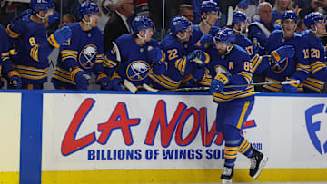 Oct 12, 2024; Buffalo, New York, USA;  Buffalo Sabres right wing Alex Tuch (89) celebrates his goal with teammates during the third period against the Florida Panthers at KeyBank Center. Mandatory Credit: Timothy T. Ludwig-Imagn Images