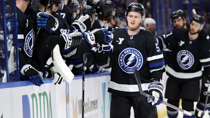 Apr 15, 2025; Tampa, Florida, USA; Tampa Bay Lightning center Jake Guentzel (59) is congratulated after he scored a goal against the Florida Panthers during the first period at Amalie Arena. Mandatory Credit: Kim Klement Neitzel-Imagn Images Apr 15, 2025; Tampa, Florida, USA; Tampa Bay Lightning center Jake Guentzel (59) is congratulated after he scored a goal against the Florida Panthers during the first period at Amalie Arena. Mandatory Credit: Kim Klement Neitzel-Imagn Images