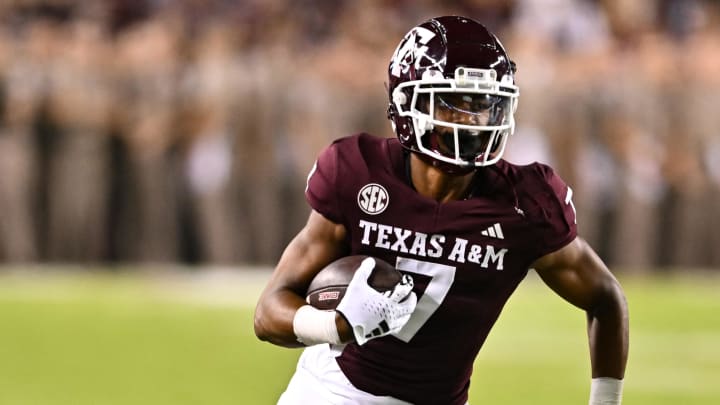 Sep 2, 2023; College Station, Texas, USA; Texas A&M Aggies wide receiver Moose Muhammad III (7) runs the ball during the fourth quarter against New Mexico Lobos at Kyle Field. Mandatory Credit: Maria Lysaker-USA TODAY Sports