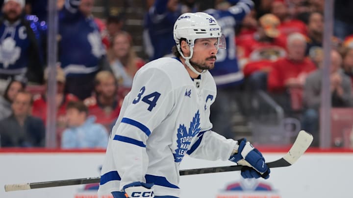Toronto Maple Leafs center Auston Matthews looks on after scoring against the Florida Panthers.