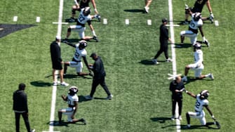 Vanderbilt goes through warmups before the Vanderbilt Football Black and Gold Spring Game at FirstBank Stadium in Nashville, Tenn., Saturday, April 12, 2025.
