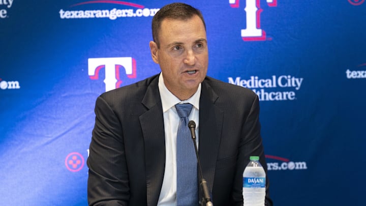 Oct 24, 2022; Arlington, TX, USA; Texas Rangers general manager Chris Young speaks during a news conference introducing Bruce Bochy as team manager at Globe Life Field.