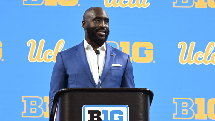 Jul 24, 2024; Indianapolis, IN, USA;  UCLA Bruins head coach DeShaun Foster speaks to the media during the Big 10 football media day at Lucas Oil Stadium. Mandatory Credit: Robert Goddin-USA TODAY Sports