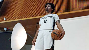 Sep 29, 2025; San Antonio, TX, USA; San Antonio Spurs guard Dylan Harper (2) poses for photos during Media Day at Victory Capital Performance Center in San Antonio.