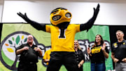 University of Iowa mascot Herky the Hawk is acknowledged after listening in on the Friends of Herky panel during FRYfest, Friday, Sept. 1, 2023, at the Hyatt Regency Coralville Hotel & Conference Center in Coralville, Iowa.