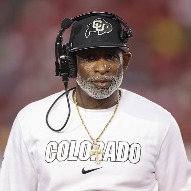 Sep 12, 2025; Houston, Texas, USA; Colorado Buffaloes head coach Deion Sanders looks on from the sideline during the first ha