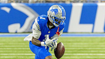 Sep 28, 2025; Detroit, Michigan, USA; Detroit Lions wide receiver Jameson Williams (1) drops a catch during the second half against the Cleveland Browns at Ford Field. Mandatory Credit: David Reginek-Imagn Images