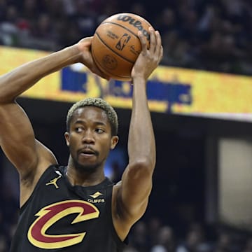 Mar 15, 2023; Cleveland, Ohio, USA; Cleveland Cavaliers forward Mamadi Diakite (21) looks to pass in the second quarter against the Philadelphia 76ers at Rocket Mortgage FieldHouse. Mandatory Credit: David Richard-Imagn Images