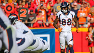Denver Broncos wide receiver Demaryius Thomas gets into position before the snap against the Kansas City Chiefs in the second half at Arrowhead Stadium. 