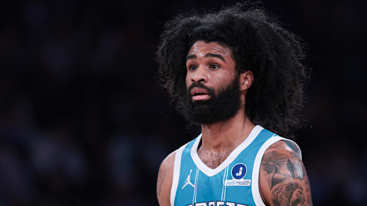 Apr 12, 2026; New York, New York, USA; Charlotte Hornets guard Coby White (3) in action against the New York Knicks during the first half at Madison Square Garden. Mandatory Credit: Vincent Carchietta-Imagn Images