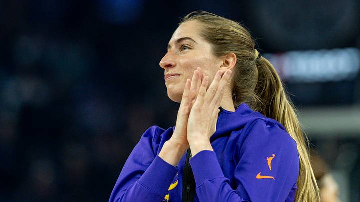 Jun 15, 2026; San Francisco, California, USA; Los Angeles Sparks guard Kate Martin (21) thanks the crowd for her welcome before the game against the Golden State Valkyries in a Commissioner’s Cup game at Chase Center. Mandatory Credit: Robert Kupbens-Imagn Images