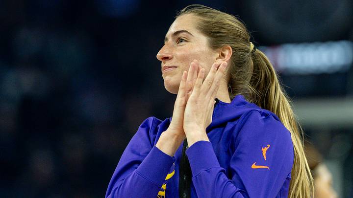 Jun 15, 2026; San Francisco, California, USA; Los Angeles Sparks guard Kate Martin (21) thanks the crowd for her welcome before the game against the Golden State Valkyries in a Commissioner’s Cup game at Chase Center. Mandatory Credit: Robert Kupbens-Imagn Images
