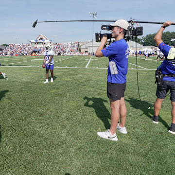 The NFL’s Hard Knocks crew focus on the running backs at the Buffalo Bills training camp at St. John Fisher University in Pittsford on July 24, 2025.