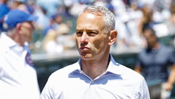 Jul 18, 2025; Chicago, Illinois, USA; Chicago Cubs President of Baseball Operations Jed Hoyer walks on the sidelines before a baseball game between the Chicago Cubs and Boston Red Sox at Wrigley Field. Mandatory Credit: Kamil Krzaczynski-Imagn Images