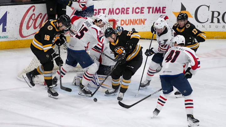 The Providence Bruins face off against the Springfield Thunderbirds in game 1, round 1 of playoff action at the AMP on April 23, 2025