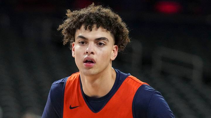 Illinois Fighting Illini guard Keaton Wagler (23) guards during practice ahead of a Final Four game on Friday, April 3, 2026. 