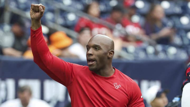 Nov 5, 2023; Houston, Texas, USA; Houston Texans head coach DeMeco Ryans on the field before the game against the Tampa Bay Buccaneers at NRG Stadium. Mandatory Credit: Troy Taormina-USA TODAY Sports