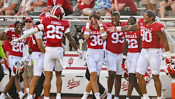 Aug 31, 2024; Bloomington, Indiana, USA;  Indiana Hoosiers defensive back Amare Ferrell (25) celebrates after an interception against the Florida International Panthers during the second half at Memorial Stadium. Mandatory Credit: Robert Goddin-Imagn Images