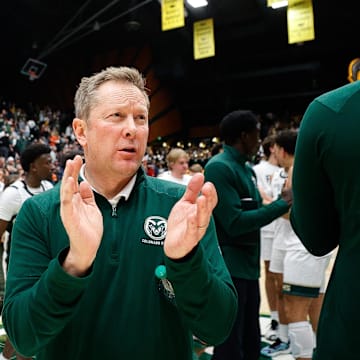 Dec 6, 2023; Fort Collins, Colorado, USA; Colorado State Rams head coach Niko Medved after the game against the Denver Pioneers at Moby Arena. Mandatory Credit: Isaiah J. Downing-Imagn Images