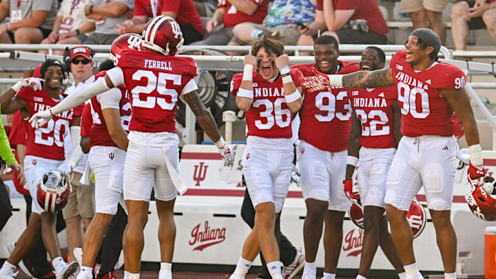 Aug 31, 2024; Bloomington, Indiana, USA;  Indiana Hoosiers defensive back Amare Ferrell (25) celebrates after an interception against the Florida International Panthers during the second half at Memorial Stadium. Mandatory Credit: Robert Goddin-Imagn Images