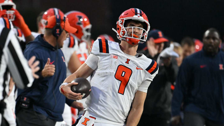 Oct 14, 2023; College Park, Maryland, USA;  Illinois Fighting Illini quarterback Luke Altmyer (9) reacts after making a first down during the second half against the Maryland Terrapins at SECU Stadium. Mandatory Credit: Tommy Gilligan-USA TODAY Sports