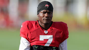 Jul 31, 2025; Tampa, FL, USA; Tampa Bay Buccaneers running back Bucky Irving (7) participates in training camp at AdventHealth Training Center. Mandatory Credit: Nathan Ray Seebeck-Imagn Images