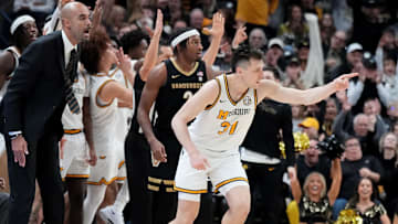 Jan 11, 2025; Columbia, Missouri, USA; Missouri Tigers guard Caleb Grill (31) celebrates after scoring against the Vanderbilt Commodores during the second half at Mizzou Arena. Mandatory Credit: Denny Medley-Imagn Images