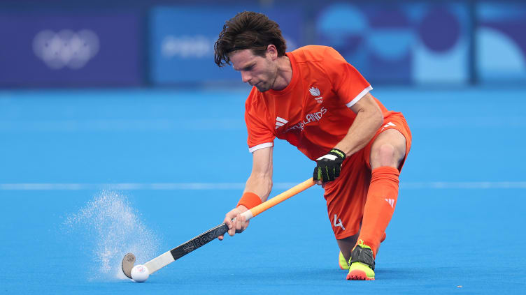 Dutch field hockey player Lars Balk during the 2024 Paris Olympics.