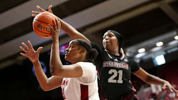Feb 25, 2024; Tuscaloosa, Alabama, USA; Alabama forward Essence Cody (21) shoots inside with defense by Mississippi State guard Debreasha Powe (21) at Coleman Coliseum Sunday.