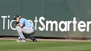 Tampa Bay Rays outfielder Niko Hulsizer (76) in deep right field in the ninth inning at CoolToday Park on March 1, 2023.