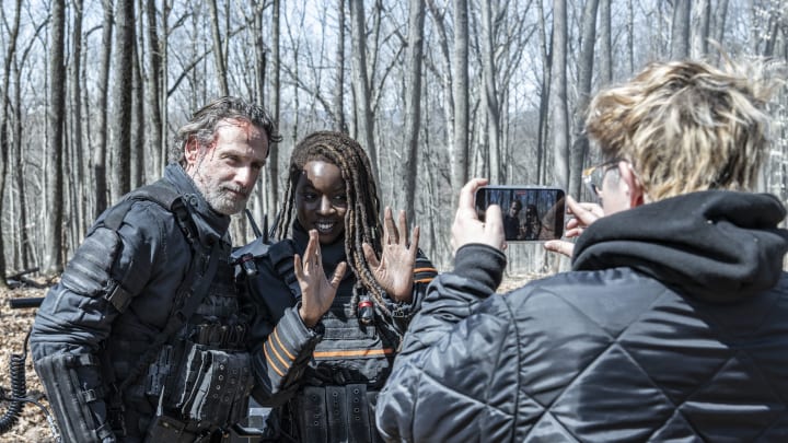 BTS, Andrew Lincoln as Rick Grimes, Danai Gurira as Michonne - The Walking Dead: The Ones Who Live _ Season 1, Episode 3 - Photo Credit: Gene Page/AMC