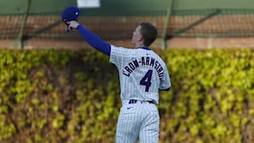 May 5, 2025; Chicago, Illinois, USA; Chicago Cubs outfielder Pete Crow-Armstrong (4) waves to the fans before a game against the San Francisco Giants at Wrigley Field.