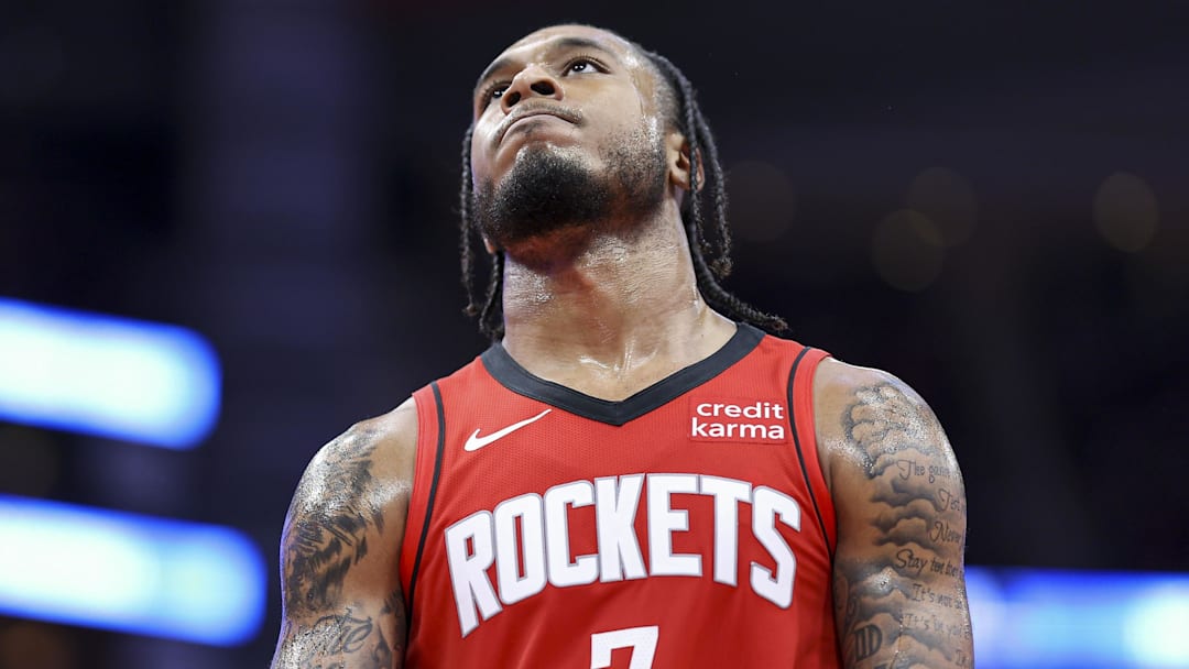 Mar 6, 2024; Houston, Texas, USA; Houston Rockets forward Cam Whitmore (7) reacts after a play during the fourth quarter against the Los Angeles Clippers at Toyota Center. Mandatory Credit: Troy Taormina-Imagn Images