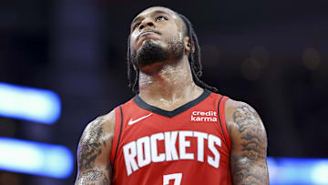 Mar 6, 2024; Houston, Texas, USA; Houston Rockets forward Cam Whitmore (7) reacts after a play during the fourth quarter against the Los Angeles Clippers at Toyota Center. Mandatory Credit: Troy Taormina-Imagn Images