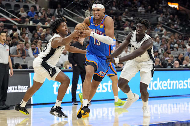 Oklahoma City Thunder forward Ousmane Dieng (13) drives to the basket between San Antonio Spurs forward Harrison Ingram (55).