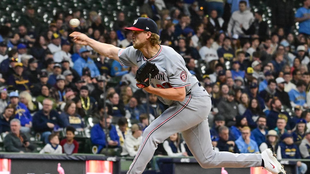 Apr 10, 2026; Milwaukee, Wisconsin, USA;  Washington Nationals pitcher Jake Irvin (27) throws a pitch in the first inning against the Milwaukee Brewers at American Family Field. Mandatory Credit: Benny Sieu-Imagn Images