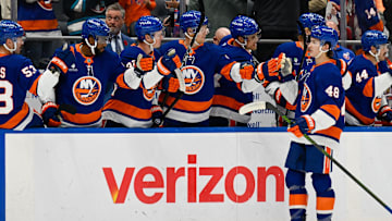 Nov 2, 2025; Elmont, New York, USA;  New York Islanders defenseman Matthew Schaefer (48) celebrates his goal against the Columbus Blue Jackets during the first period at UBS Arena. Mandatory Credit: Dennis Schneidler-Imagn Images