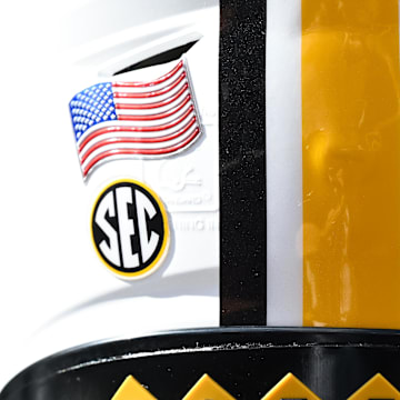 Oct 5, 2024; College Station, Texas, USA; A detail view of a Missouri Tigers helmet on the side line in the first quarter against the Texas A&M Aggies at Kyle Field. Mandatory Credit: Maria Lysaker-Imagn Images. 